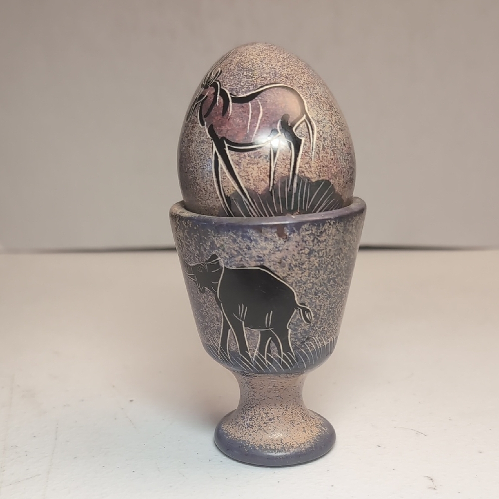 Handcrafted African Stone Egg & Cup Antelope & Elephant Artwork Home Decor